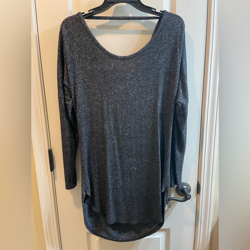 Charcoal sweater with drop back.